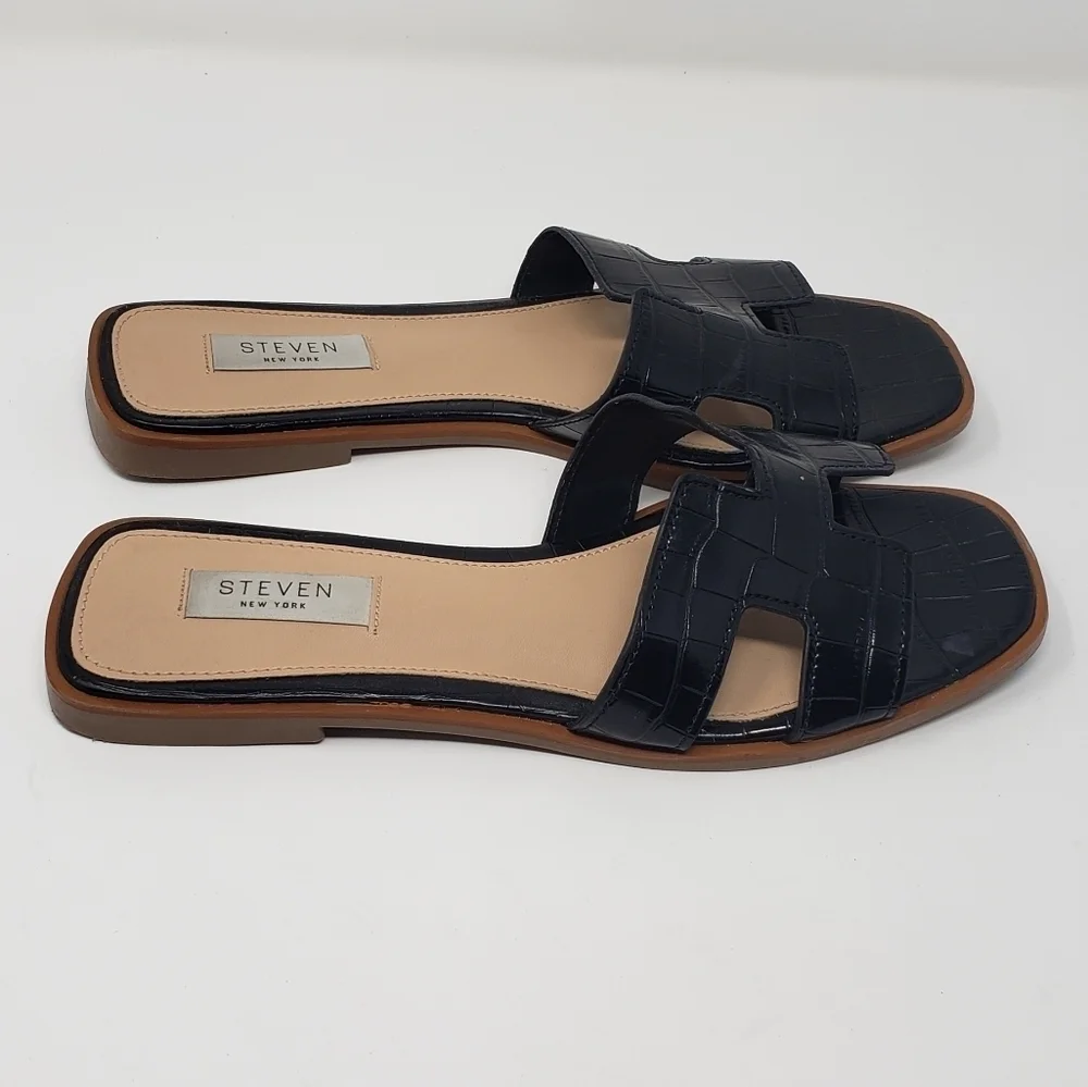 Steven New York Harlien Croc Embossed Black Slide Sandals Size 8